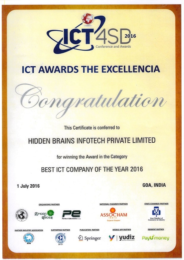 Hidden Brains - ICT4SD - 2016 Certificate